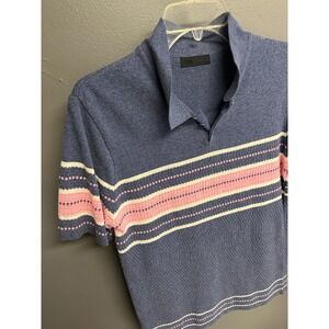 ASOS Design Knit Sweater Polo Mens Size Medium Blue Pink Stripe Short Sleeve